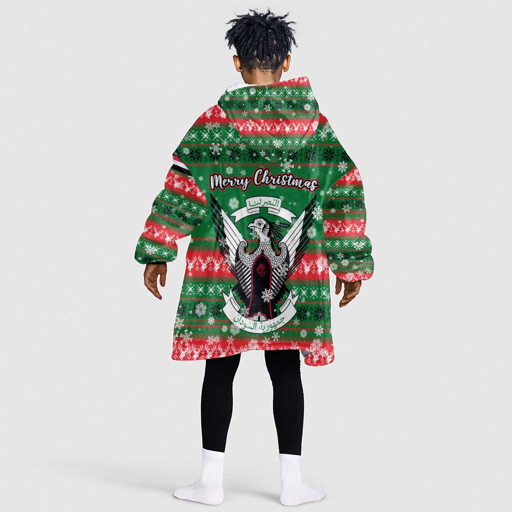 Sudan Christmas Kid Wearable Blanket Hoodie Green Red Xmas Camel Snowflake and Coat of Arms - African Pride
