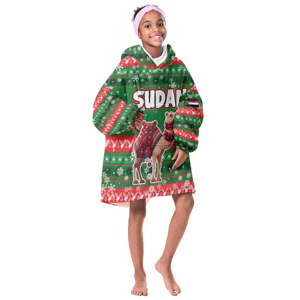 Sudan Christmas Kid Wearable Blanket Hoodie Green Red Xmas Camel Snowflake and Coat of Arms - African Pride