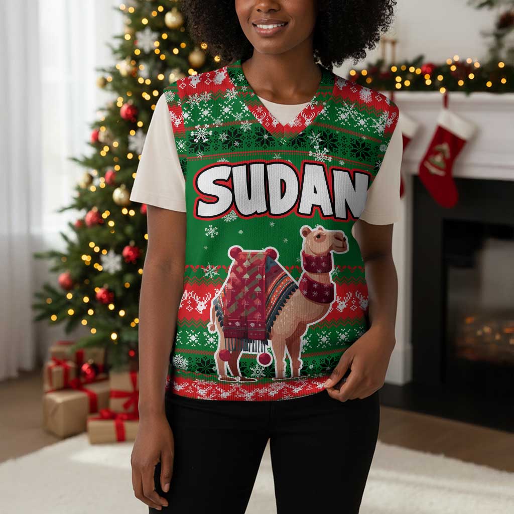 Sudan Christmas Knitted V-Neck Vest Green Red Xmas Camel Snowflake and Coat of Arms - African Pride