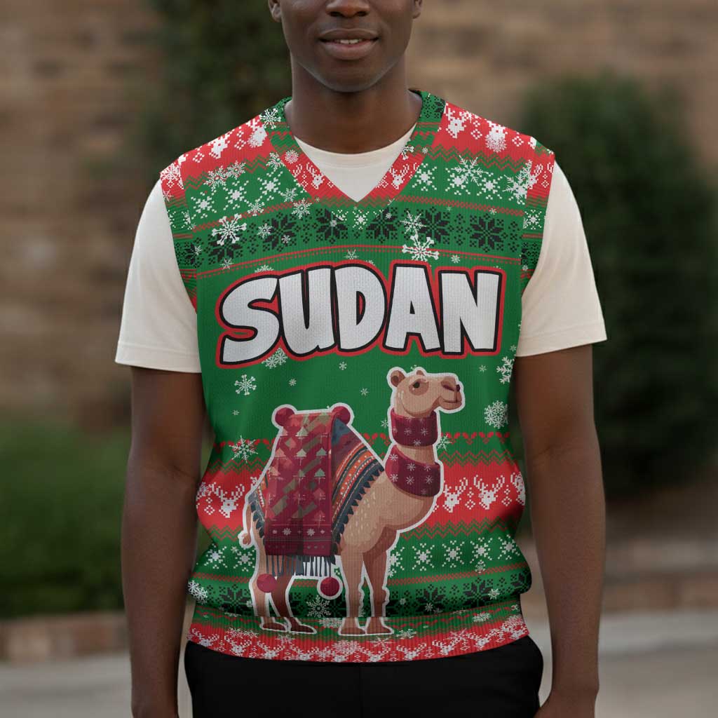 Sudan Christmas Knitted V-Neck Vest Green Red Xmas Camel Snowflake and Coat of Arms - African Pride