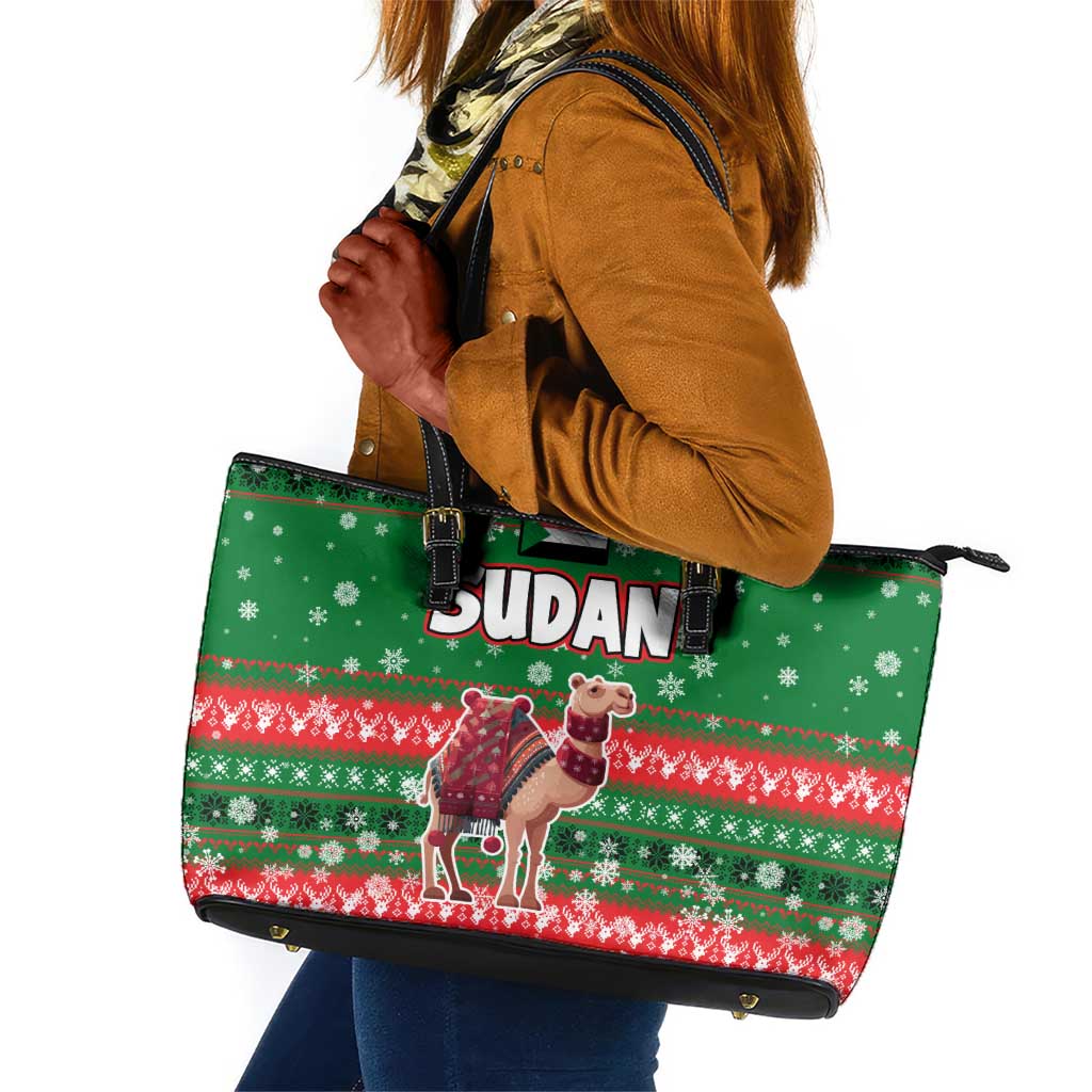 Sudan Christmas Leather Tote Bag Green Red Xmas Camel Snowflake and Coat of Arms - African Pride