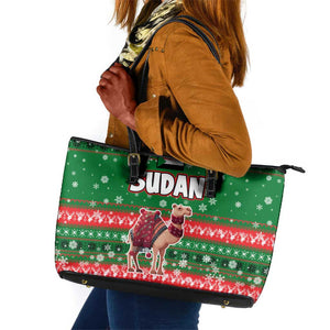 Sudan Christmas Leather Tote Bag Green Red Xmas Camel Snowflake and Coat of Arms - African Pride