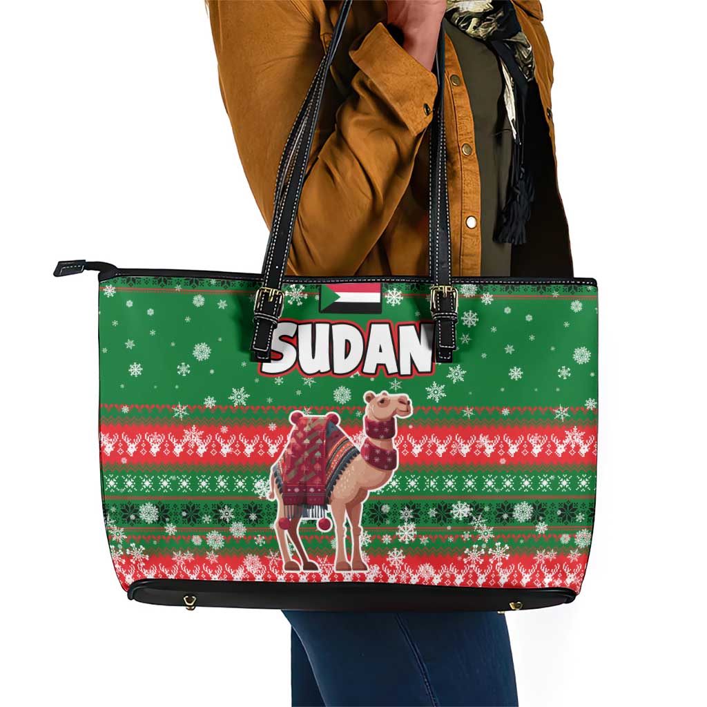 Sudan Christmas Leather Tote Bag Green Red Xmas Camel Snowflake and Coat of Arms - African Pride