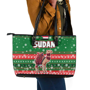 Sudan Christmas Leather Tote Bag Green Red Xmas Camel Snowflake and Coat of Arms - African Pride