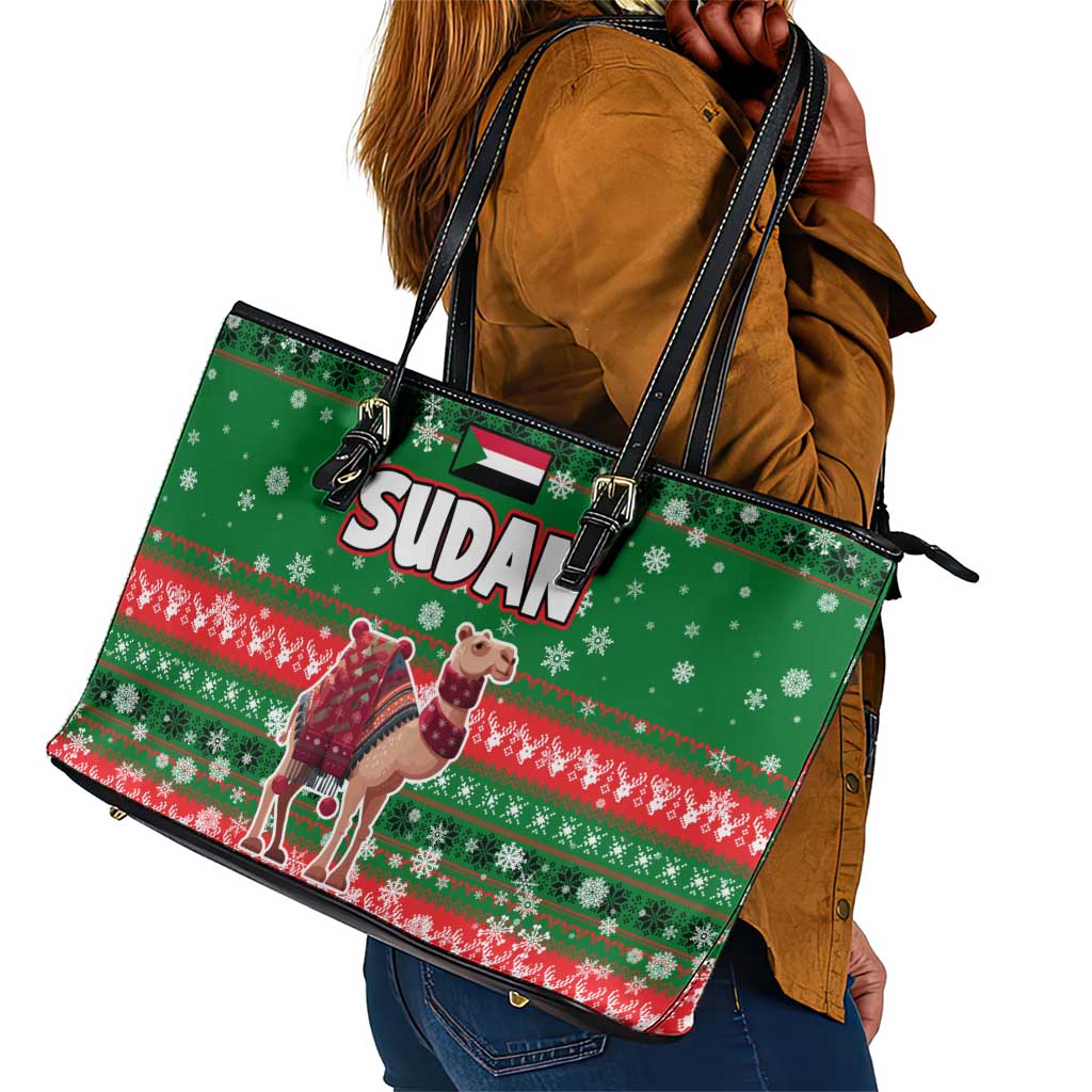 Sudan Christmas Leather Tote Bag Green Red Xmas Camel Snowflake and Coat of Arms - African Pride