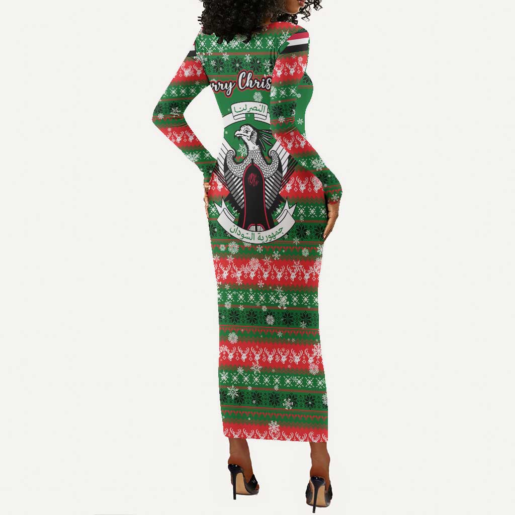 Sudan Christmas Long Sleeve Bodycon Dress Green Red Xmas Camel Snowflake and Coat of Arms - African Pride