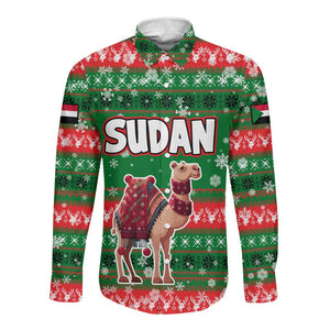 Sudan Christmas Long Sleeve Button Shirt Green Red Xmas Camel Snowflake and Coat of Arms - African Pride