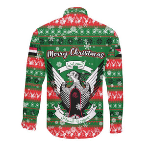 Sudan Christmas Long Sleeve Button Shirt Green Red Xmas Camel Snowflake and Coat of Arms - African Pride