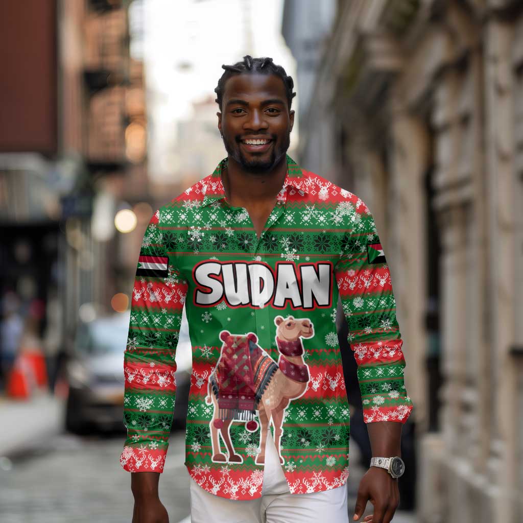 Sudan Christmas Long Sleeve Button Shirt Green Red Xmas Camel Snowflake and Coat of Arms - African Pride