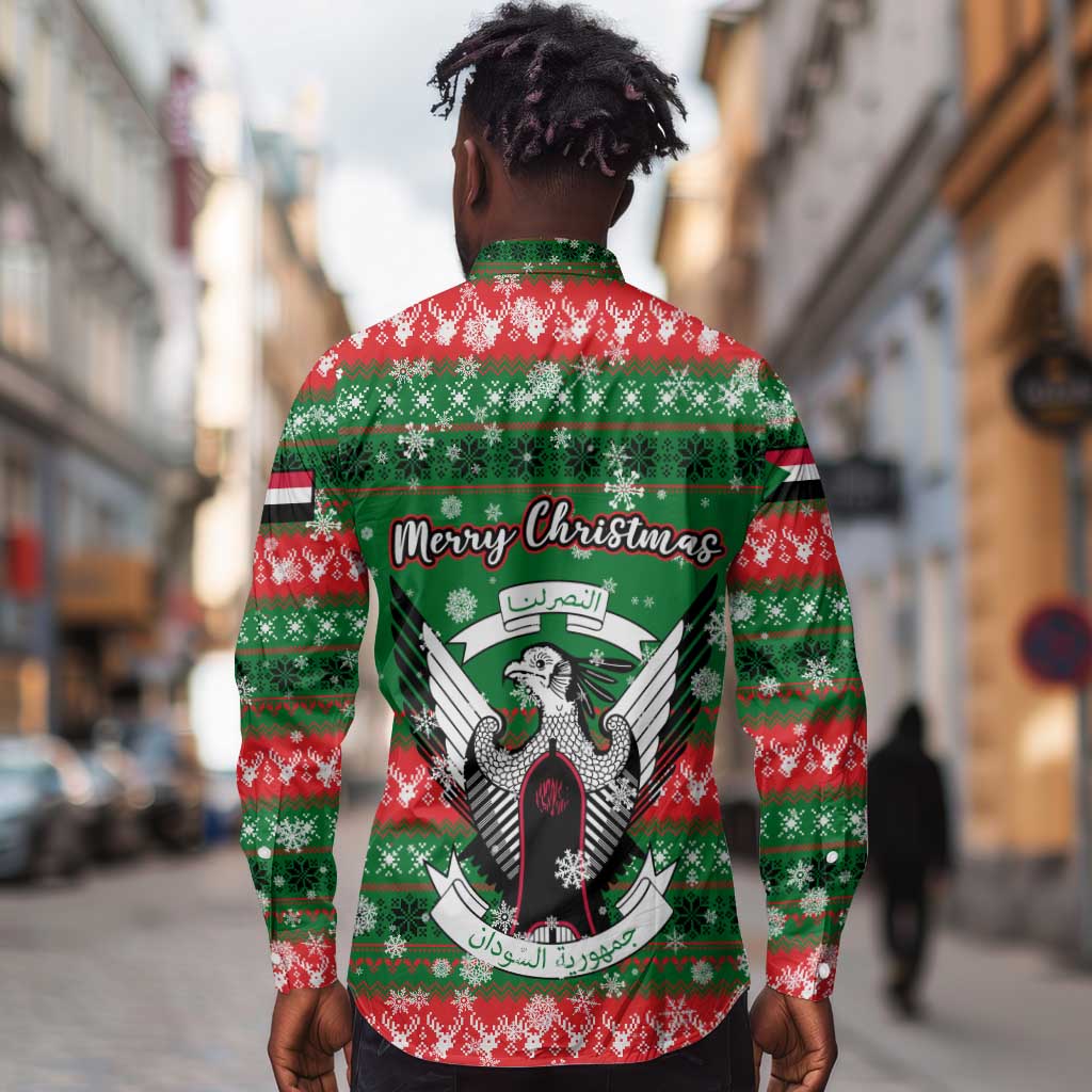 Sudan Christmas Long Sleeve Button Shirt Green Red Xmas Camel Snowflake and Coat of Arms - African Pride