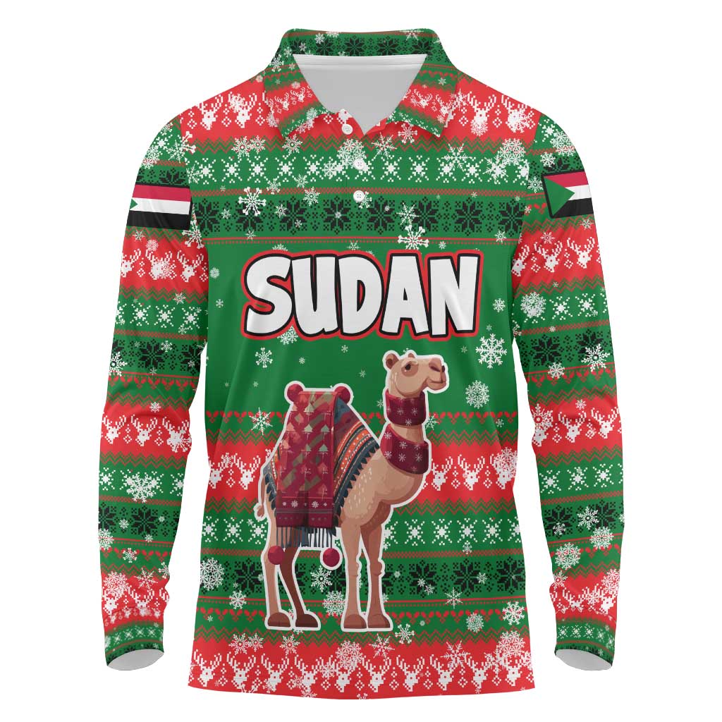 Sudan Christmas Long Sleeve Polo Shirt Green Red Xmas Camel Snowflake and Coat of Arms - African Pride