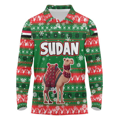 Sudan Christmas Long Sleeve Polo Shirt Green Red Xmas Camel Snowflake and Coat of Arms - African Pride