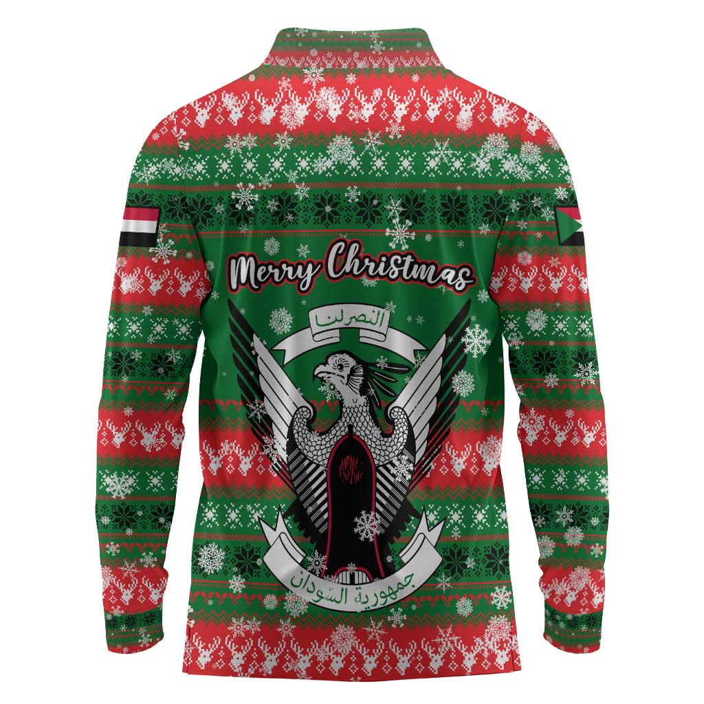 Sudan Christmas Long Sleeve Polo Shirt Green Red Xmas Camel Snowflake and Coat of Arms - African Pride