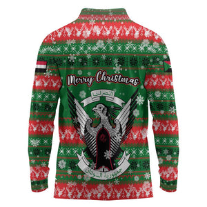 Sudan Christmas Long Sleeve Polo Shirt Green Red Xmas Camel Snowflake and Coat of Arms - African Pride