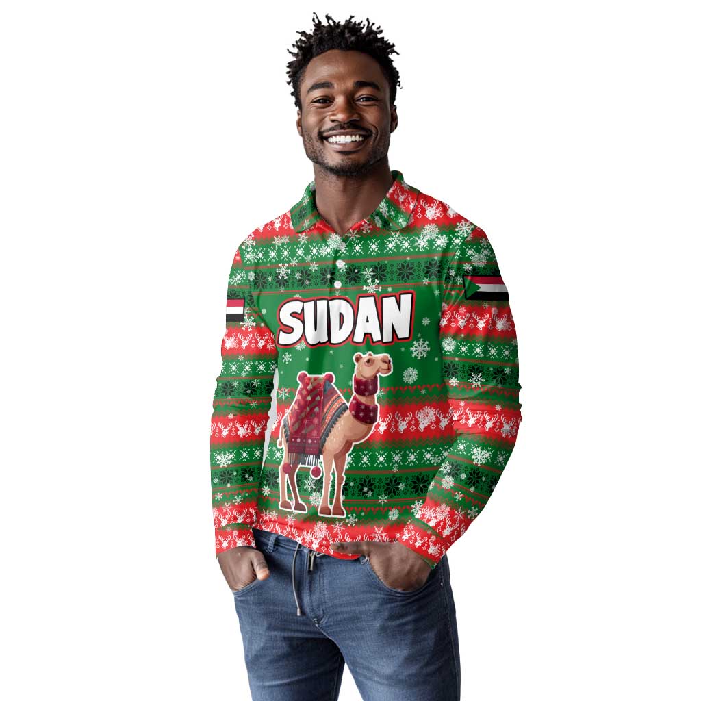 Sudan Christmas Long Sleeve Polo Shirt Green Red Xmas Camel Snowflake and Coat of Arms - African Pride