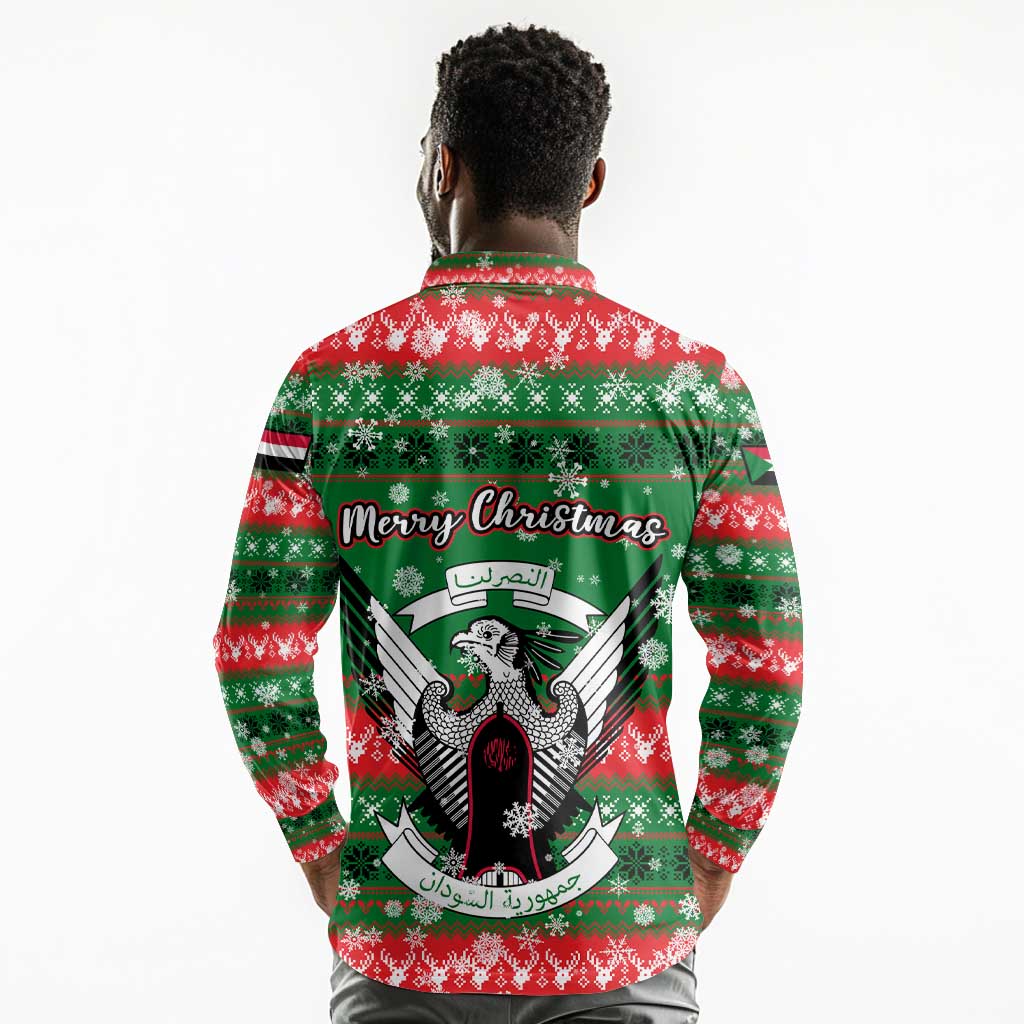 Sudan Christmas Long Sleeve Polo Shirt Green Red Xmas Camel Snowflake and Coat of Arms - African Pride