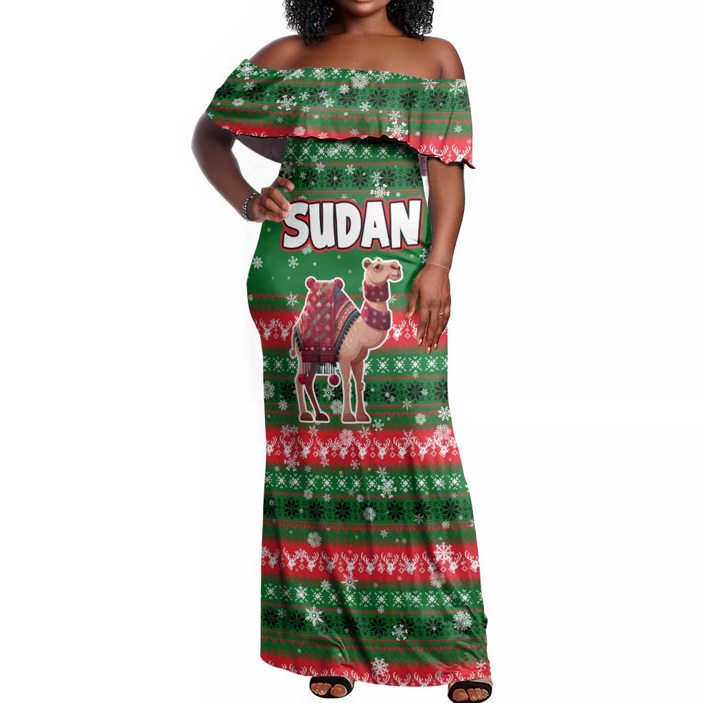 Sudan Christmas Off Shoulder Maxi Dress Green Red Xmas Camel Snowflake and Coat of Arms - African Pride