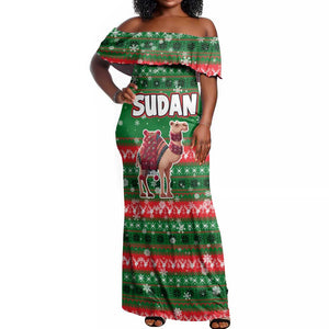 Sudan Christmas Off Shoulder Maxi Dress Green Red Xmas Camel Snowflake and Coat of Arms - African Pride