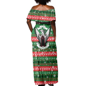 Sudan Christmas Off Shoulder Maxi Dress Green Red Xmas Camel Snowflake and Coat of Arms - African Pride