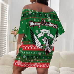 Sudan Christmas Off Shoulder Short Dress Green Red Xmas Camel Snowflake and Coat of Arms - African Pride