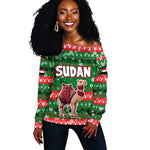 Sudan Christmas Off Shoulder Sweater Green Red Xmas Camel Snowflake and Coat of Arms - African Pride