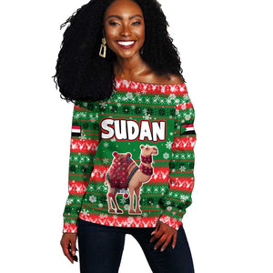 Sudan Christmas Off Shoulder Sweater Green Red Xmas Camel Snowflake and Coat of Arms - African Pride