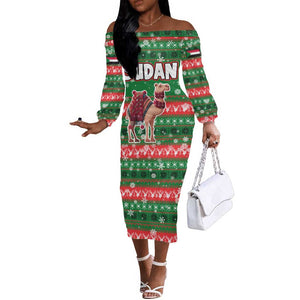 Sudan Christmas Off The Shoulder Long Sleeve Dress Green Red Xmas Camel Snowflake and Coat of Arms - African Pride