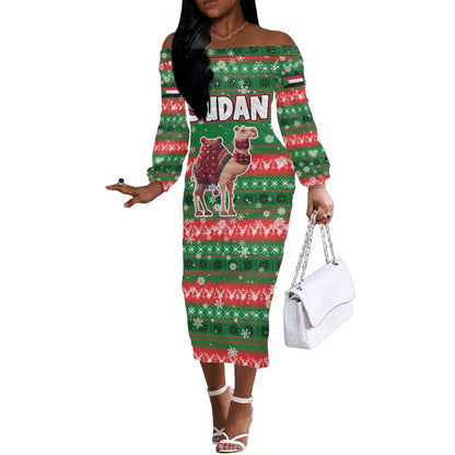 Sudan Christmas Off The Shoulder Long Sleeve Dress Green Red Xmas Camel Snowflake and Coat of Arms - African Pride