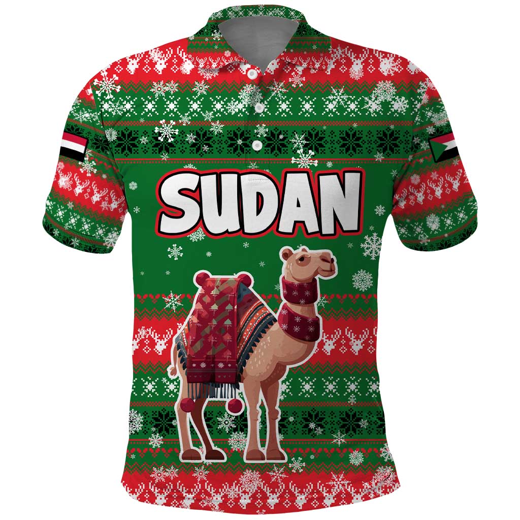 Sudan Christmas Polo Shirt Green Red Xmas Camel Snowflake and Coat of Arms - African Pride