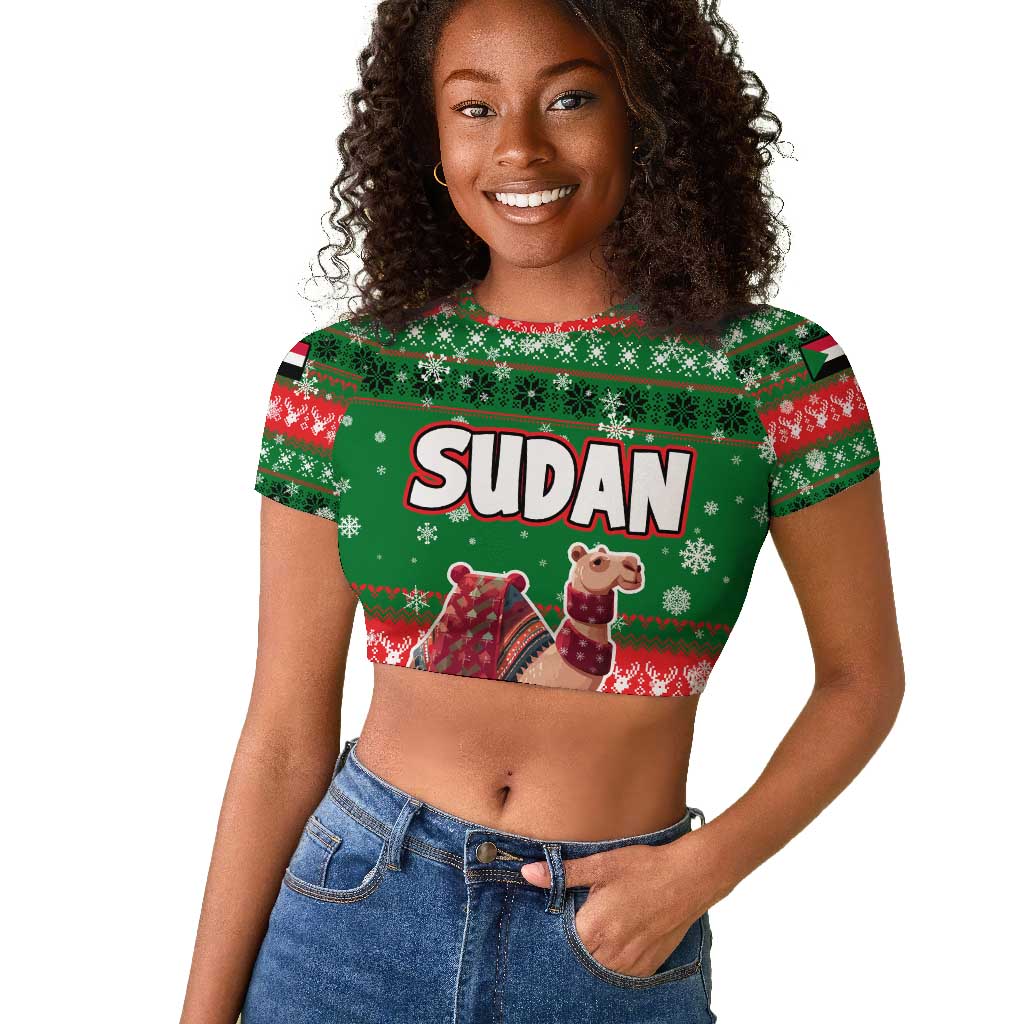Sudan Christmas Raglan Cropped T shirt Green Red Xmas Camel Snowflake and Coat of Arms - African Pride