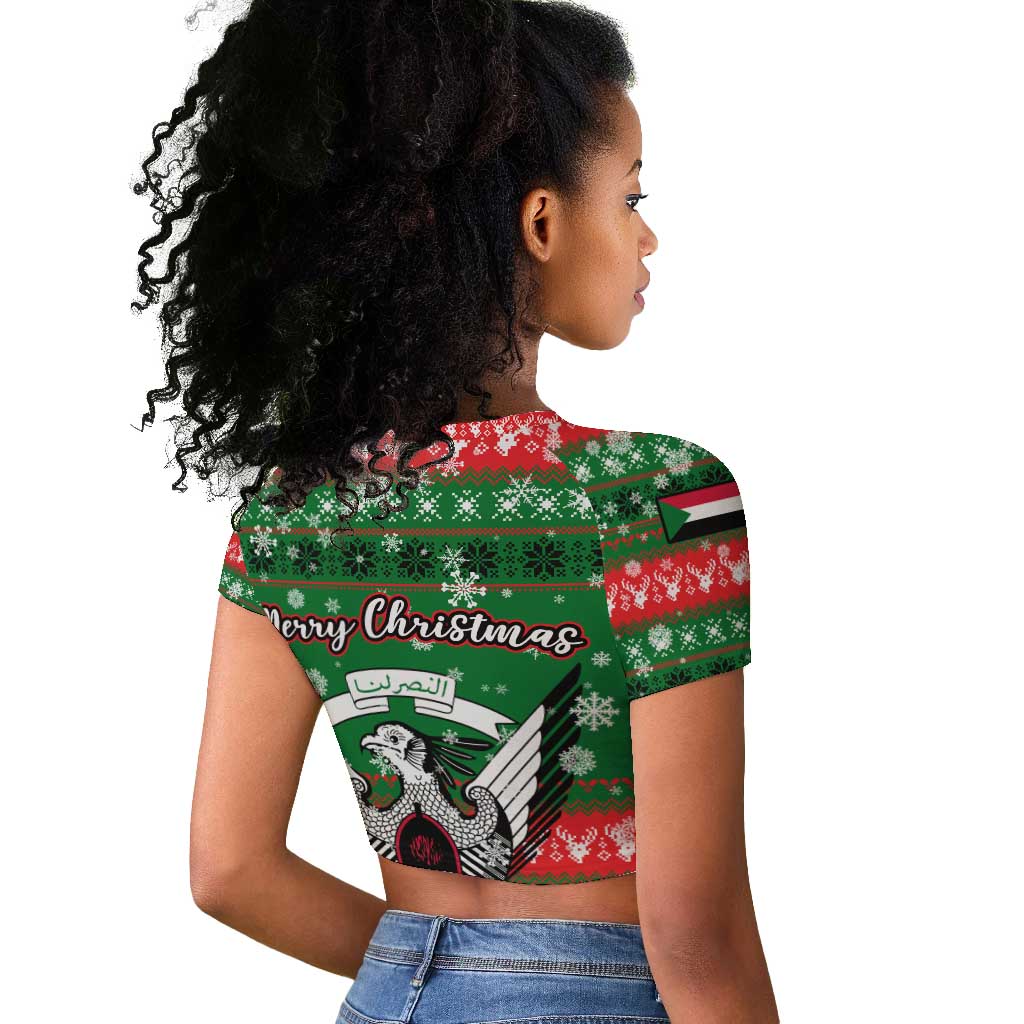Sudan Christmas Raglan Cropped T shirt Green Red Xmas Camel Snowflake and Coat of Arms - African Pride