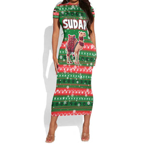 Sudan Christmas Short Sleeve Bodycon Dress Green Red Xmas Camel Snowflake and Coat of Arms - African Pride
