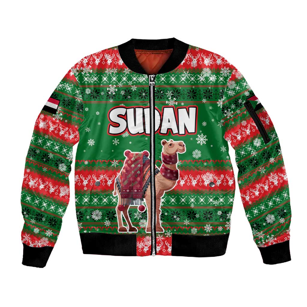 Sudan Christmas Sleeve Zip Bomber Jacket Green Red Xmas Camel Snowflake and Coat of Arms - African Pride