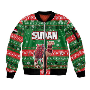 Sudan Christmas Sleeve Zip Bomber Jacket Green Red Xmas Camel Snowflake and Coat of Arms - African Pride