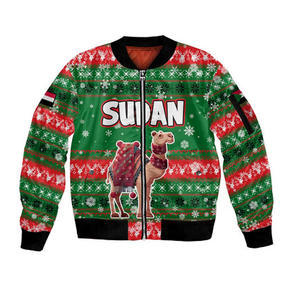 Sudan Christmas Sleeve Zip Bomber Jacket Green Red Xmas Camel Snowflake and Coat of Arms - African Pride
