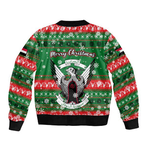 Sudan Christmas Sleeve Zip Bomber Jacket Green Red Xmas Camel Snowflake and Coat of Arms - African Pride