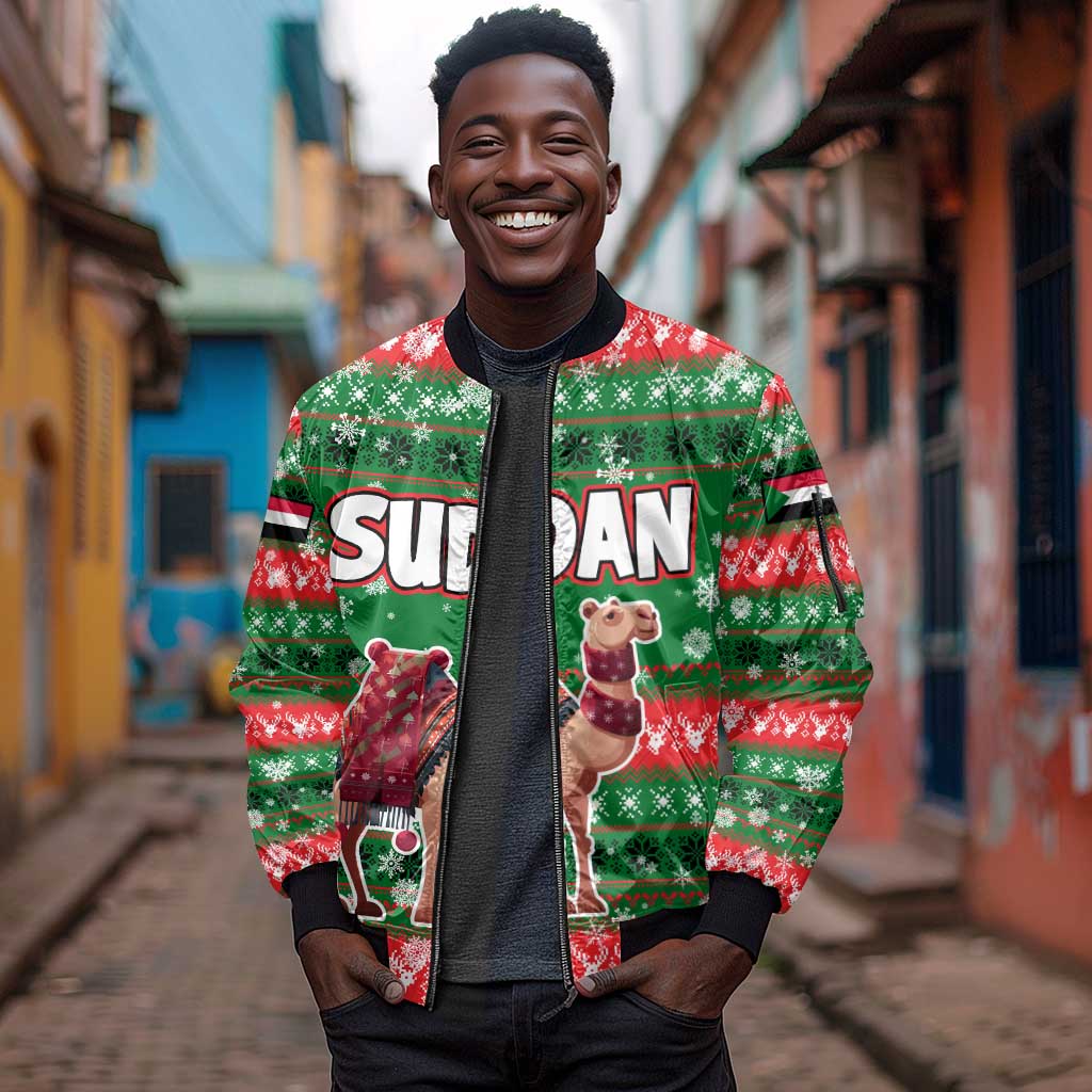 Sudan Christmas Sleeve Zip Bomber Jacket Green Red Xmas Camel Snowflake and Coat of Arms - African Pride