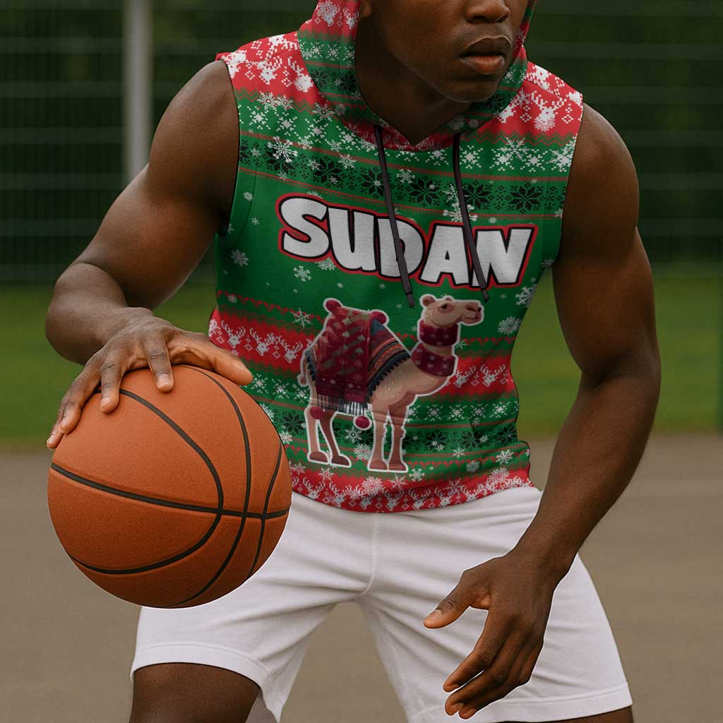 Sudan Christmas Sleeveless Hoodie Green Red Xmas Camel Snowflake and Coat of Arms - African Pride