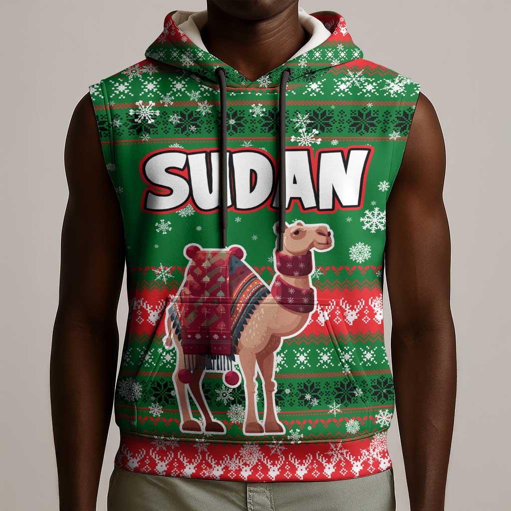Sudan Christmas Sleeveless Hoodie Green Red Xmas Camel Snowflake and Coat of Arms - African Pride