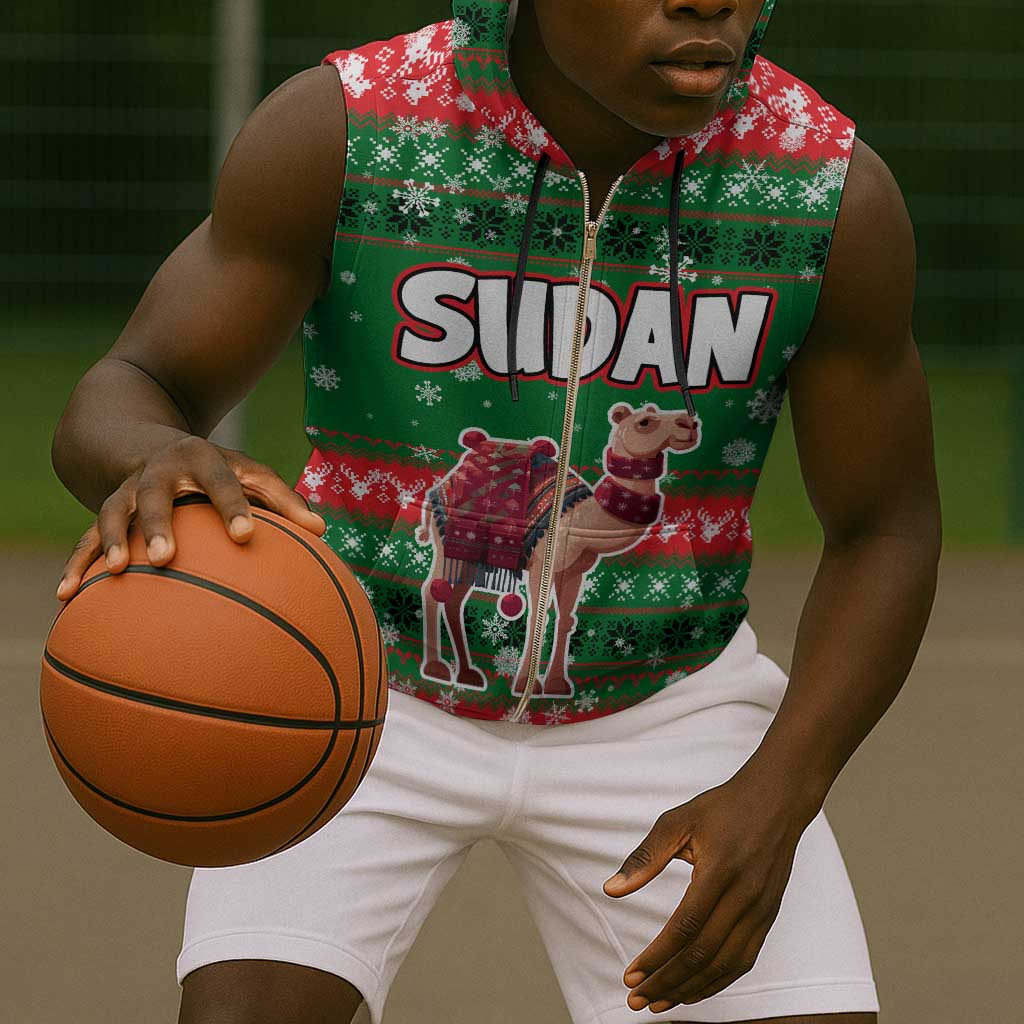 Sudan Christmas Sleeveless Zip Hoodie Green Red Xmas Camel Snowflake and Coat of Arms - African Pride