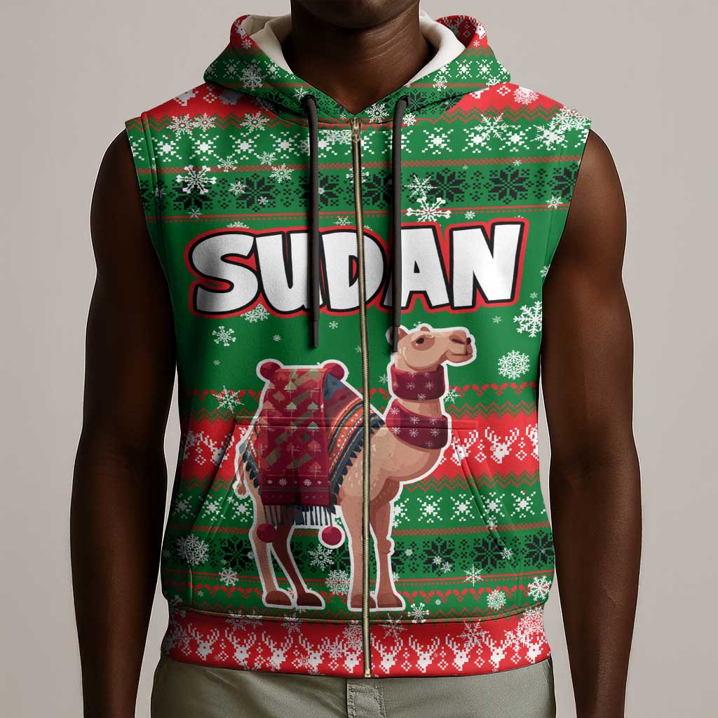 Sudan Christmas Sleeveless Zip Hoodie Green Red Xmas Camel Snowflake and Coat of Arms - African Pride