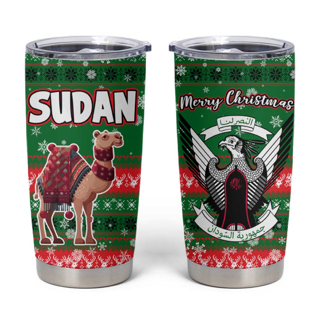 Sudan Christmas Tumbler Cup Green Red Xmas Camel Snowflake and Coat of Arms - African Pride