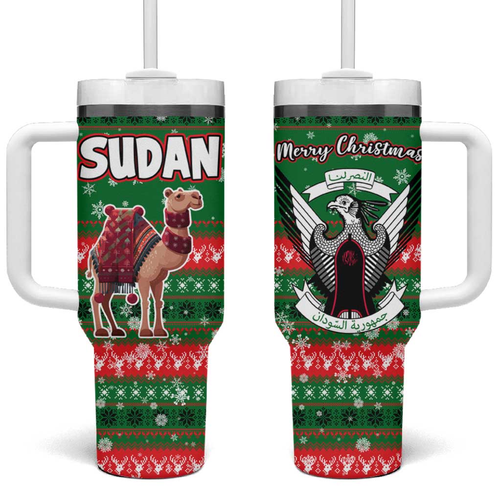 Sudan Christmas Tumbler With Handle Green Red Xmas Camel Snowflake and Coat of Arms - African Pride