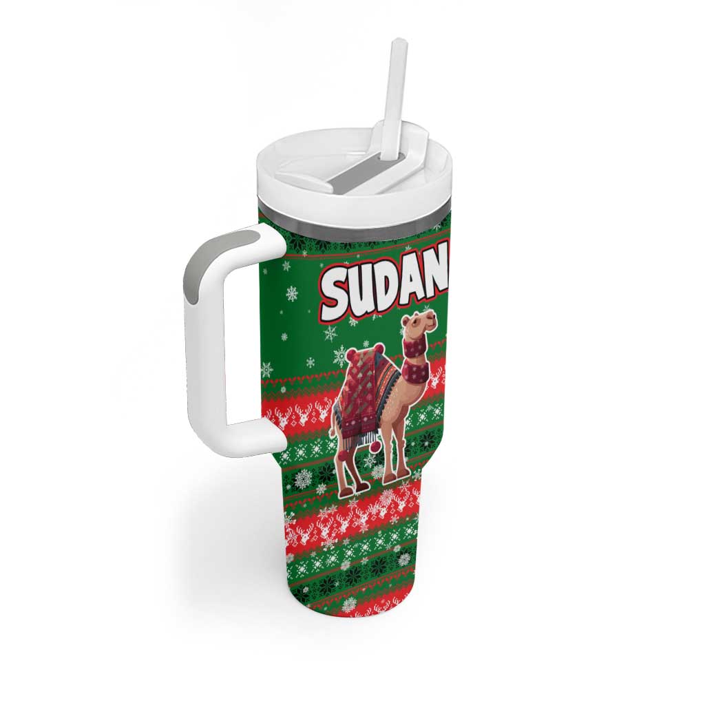 Sudan Christmas Tumbler With Handle Green Red Xmas Camel Snowflake and Coat of Arms - African Pride