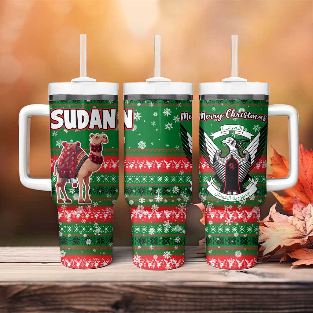 Sudan Christmas Tumbler With Handle Green Red Xmas Camel Snowflake and Coat of Arms - African Pride