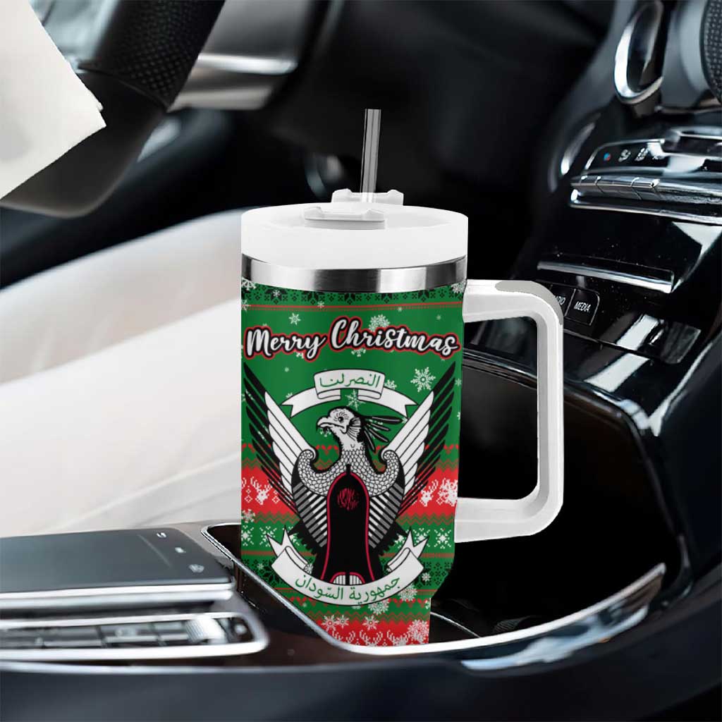 Sudan Christmas Tumbler With Handle Green Red Xmas Camel Snowflake and Coat of Arms - African Pride