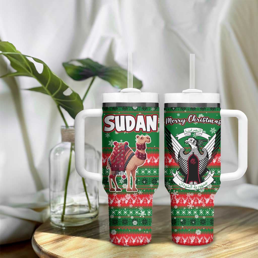 Sudan Christmas Tumbler With Handle Green Red Xmas Camel Snowflake and Coat of Arms - African Pride