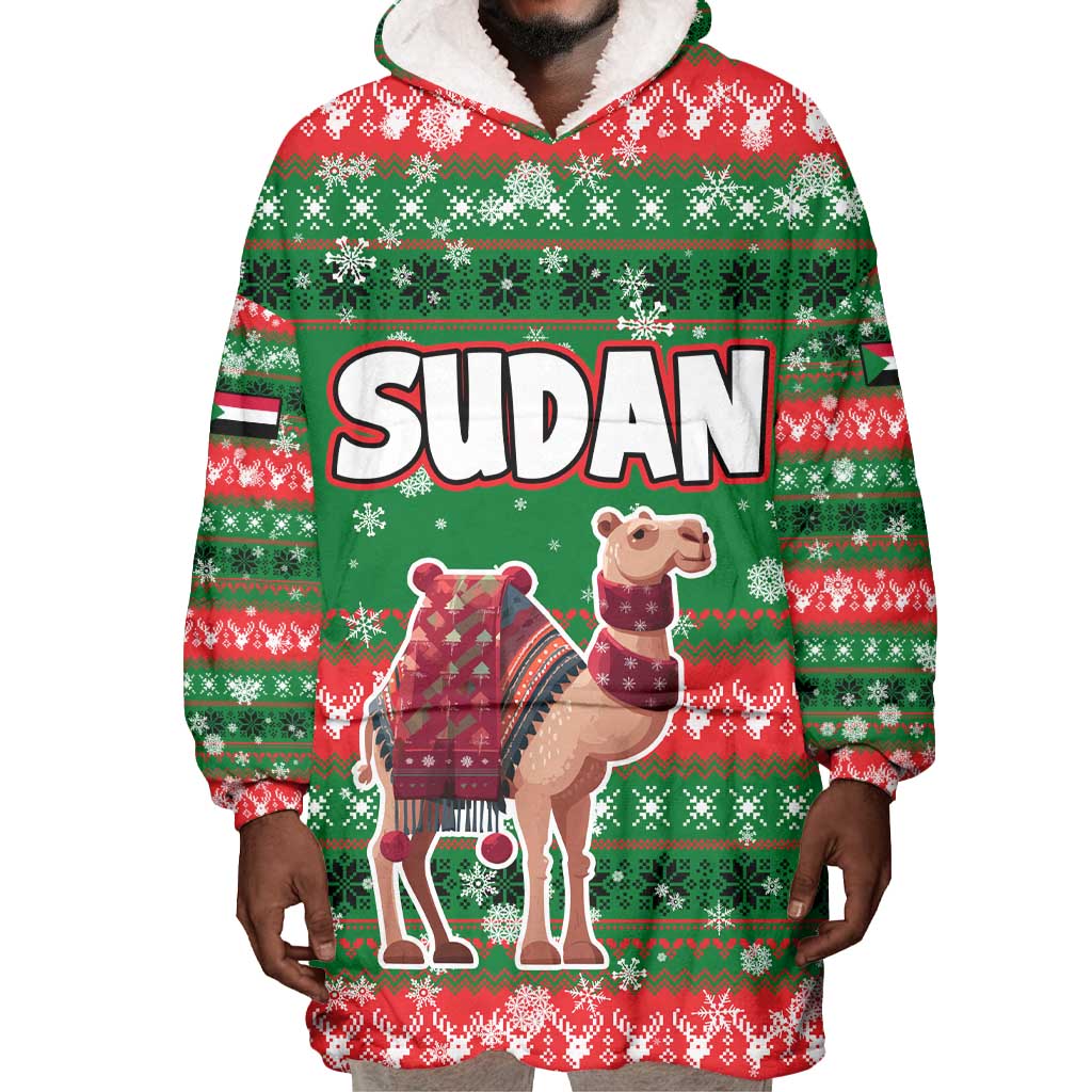 Sudan Christmas Wearable Blanket Hoodie Green Red Xmas Camel Snowflake and Coat of Arms - African Pride