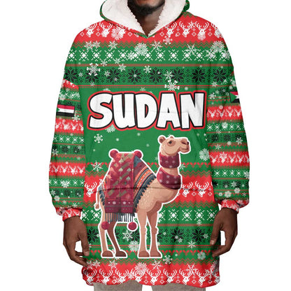 Sudan Christmas Wearable Blanket Hoodie Green Red Xmas Camel Snowflake and Coat of Arms - African Pride