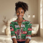 Sudan Christmas Women Casual Shirt Green Red Xmas Camel Snowflake and Coat of Arms - African Pride